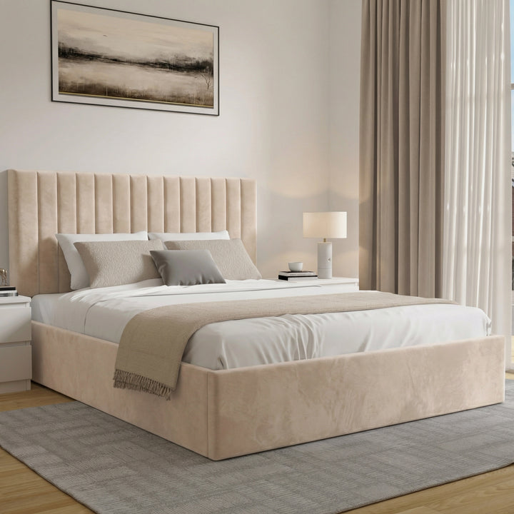 [Beige | King] Three-quarter angled view of king vertical channel bed, one white nightstand right with lamp, curtains left