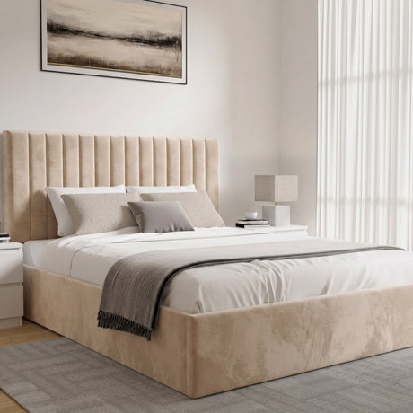 [Beige | King] velvet upholstered bed with vertical channel tufting in minimalist room with landscape artwork