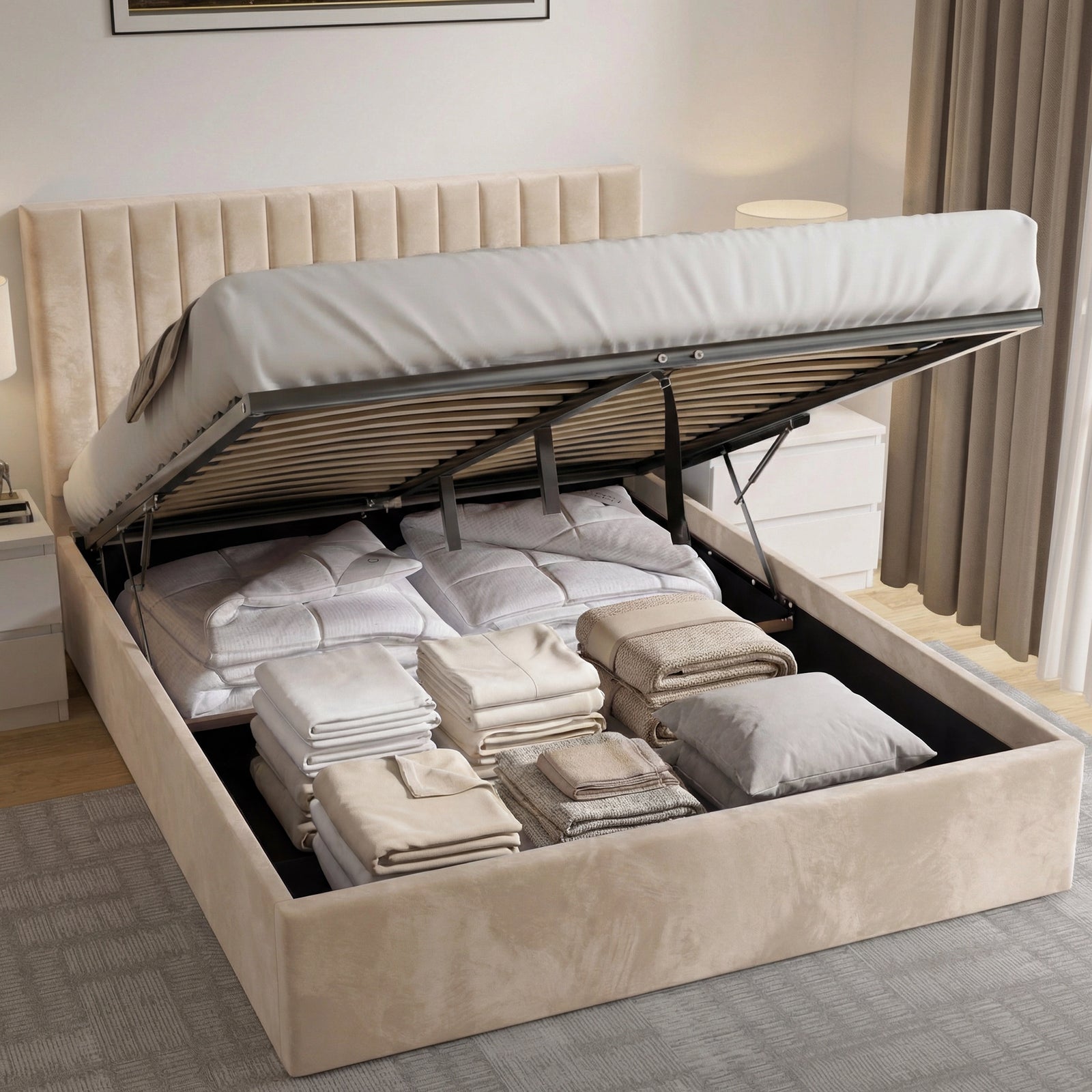 [Beige | King] Mattress raised on gas struts exposing slatted base with folded white sheets stacked in king ottoman bed