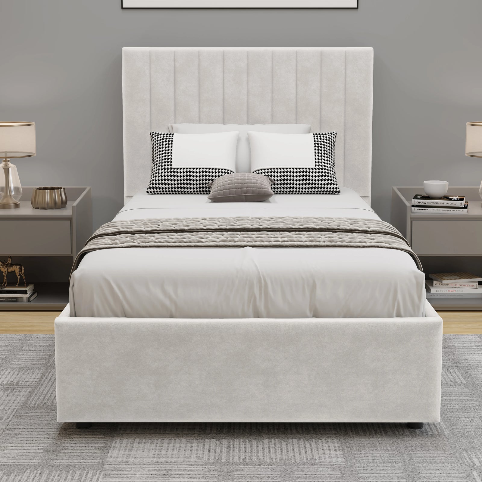 [Beige | Single] velvet bed frame front view of vertical-pleated headboard with white bedding in clean bright room