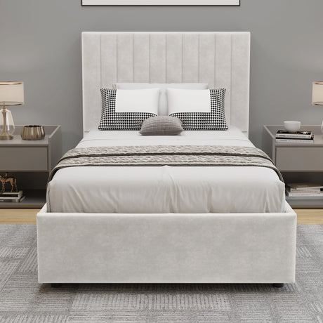 [Beige | Single] velvet bed frame front view of vertical-pleated headboard with white bedding in clean bright room