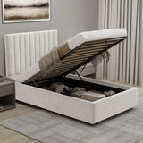 [Beige | Single] velvet ottoman bed with gas-lift raised showing organised storage with folded linens and pillows