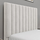 [Beige | Single] bed frame headboard close-up displaying vertical pleats with books and decorative objects on nightstand
