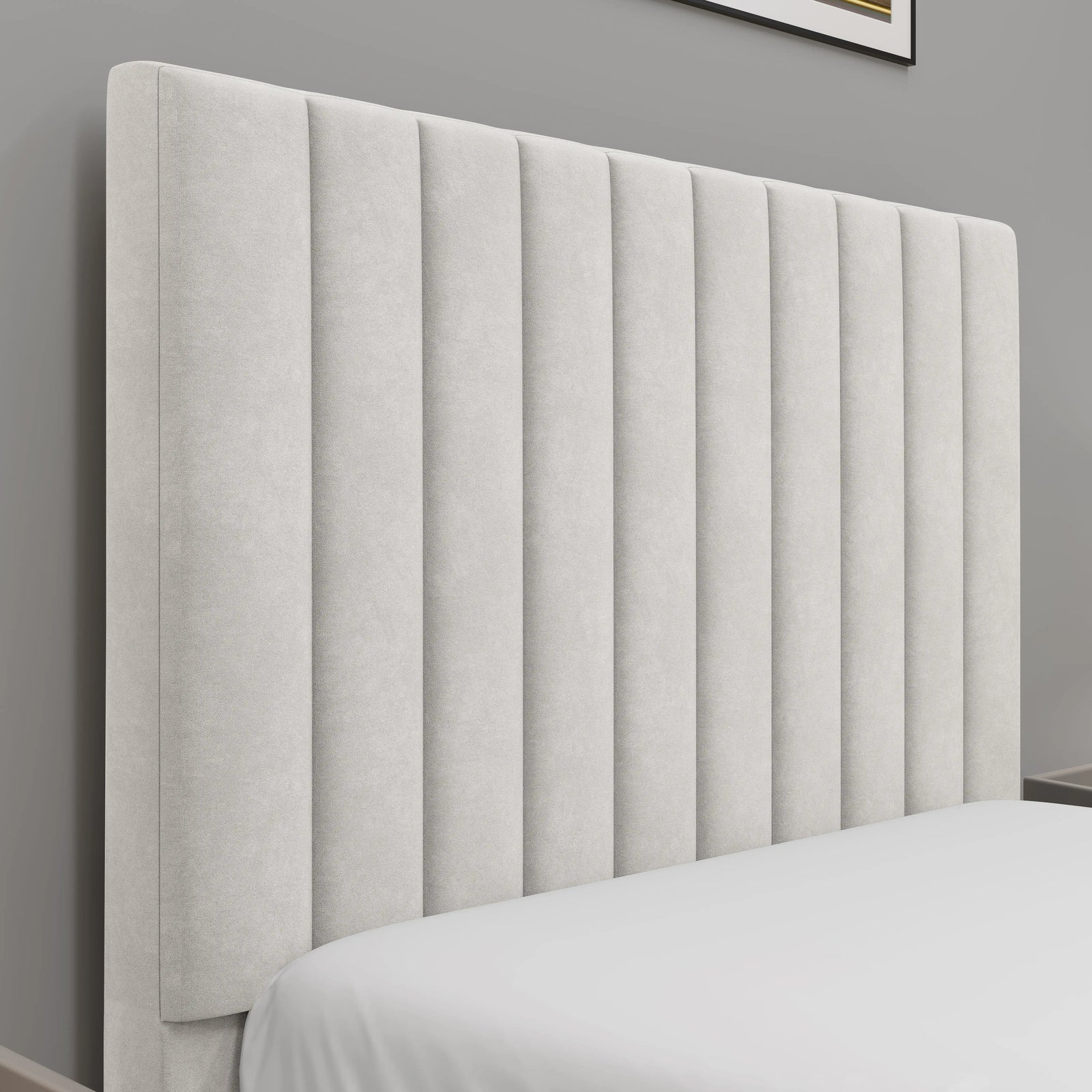 [Beige | Single] bed frame headboard close-up displaying vertical pleats with books and decorative objects on nightstand