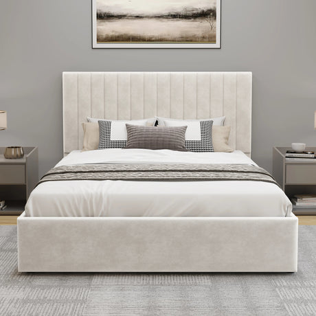 [Beige | Small Double] Front view of vertical channel bed frame with fluted headboard flanked by nightstands in light room