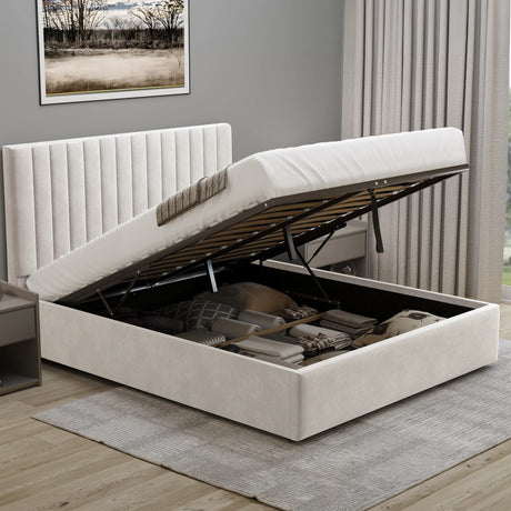 [Beige | Small Double] Gas-lift on vertical ottoman bed showing organised storage with folded linens and pillows inside