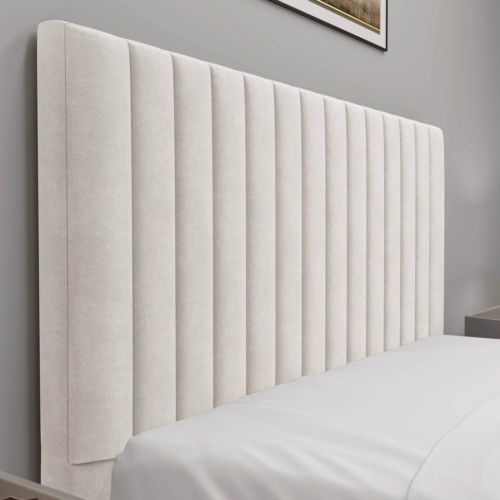 [Beige | Small Double]Detail view of fluted bed frame headboard with deep vertical channels beside white bedside table