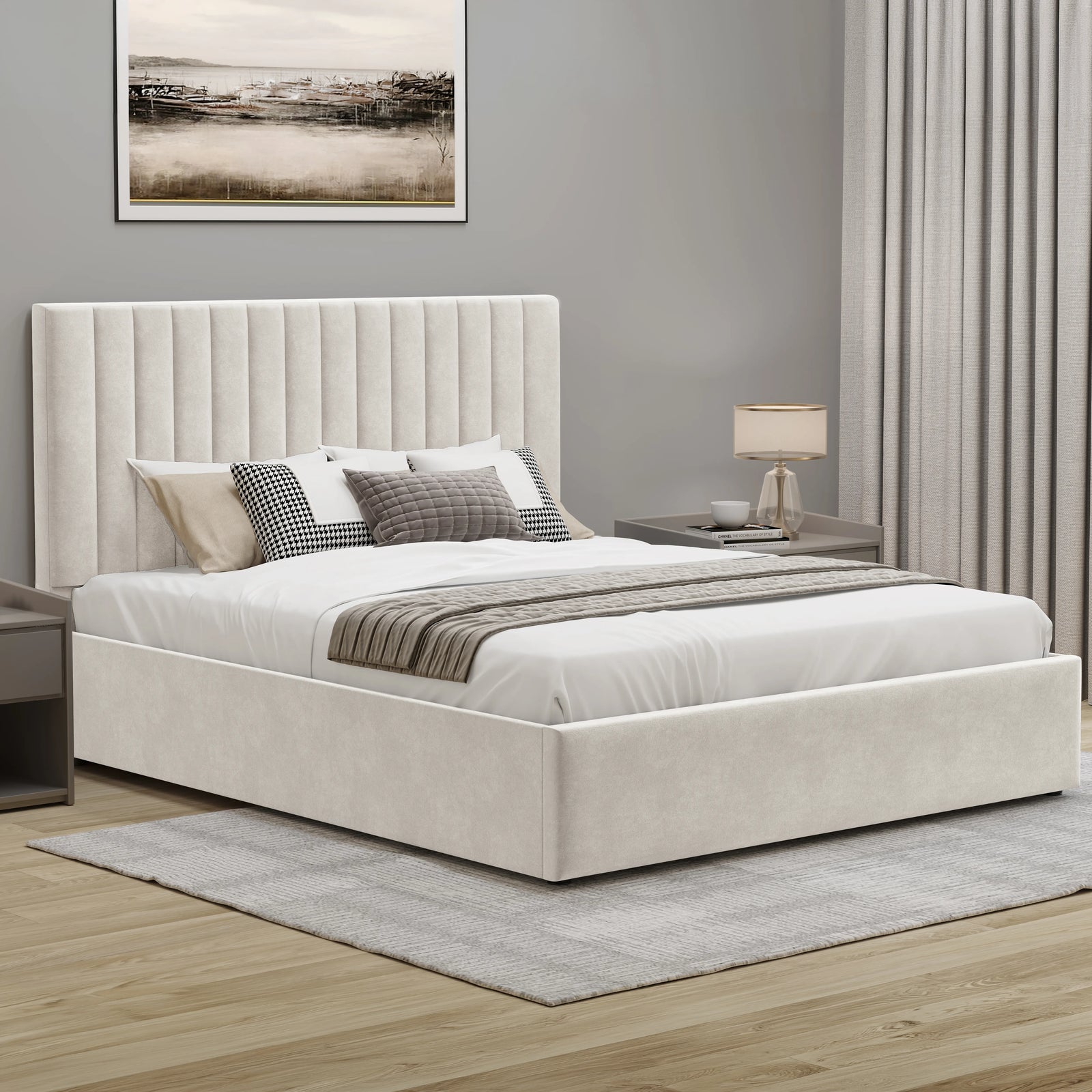 [Beige | Small Double] Ottoman storage bed with fluted headboard styled with grey cushion and fringed throw in light room
