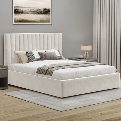 Vertical Small Double Ottoman Storage Bed Beige Velvet
