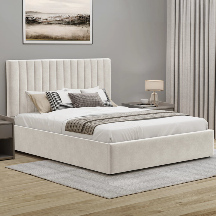 [Beige | Small Double] Ottoman storage bed with fluted headboard styled with grey cushion and fringed throw in light room