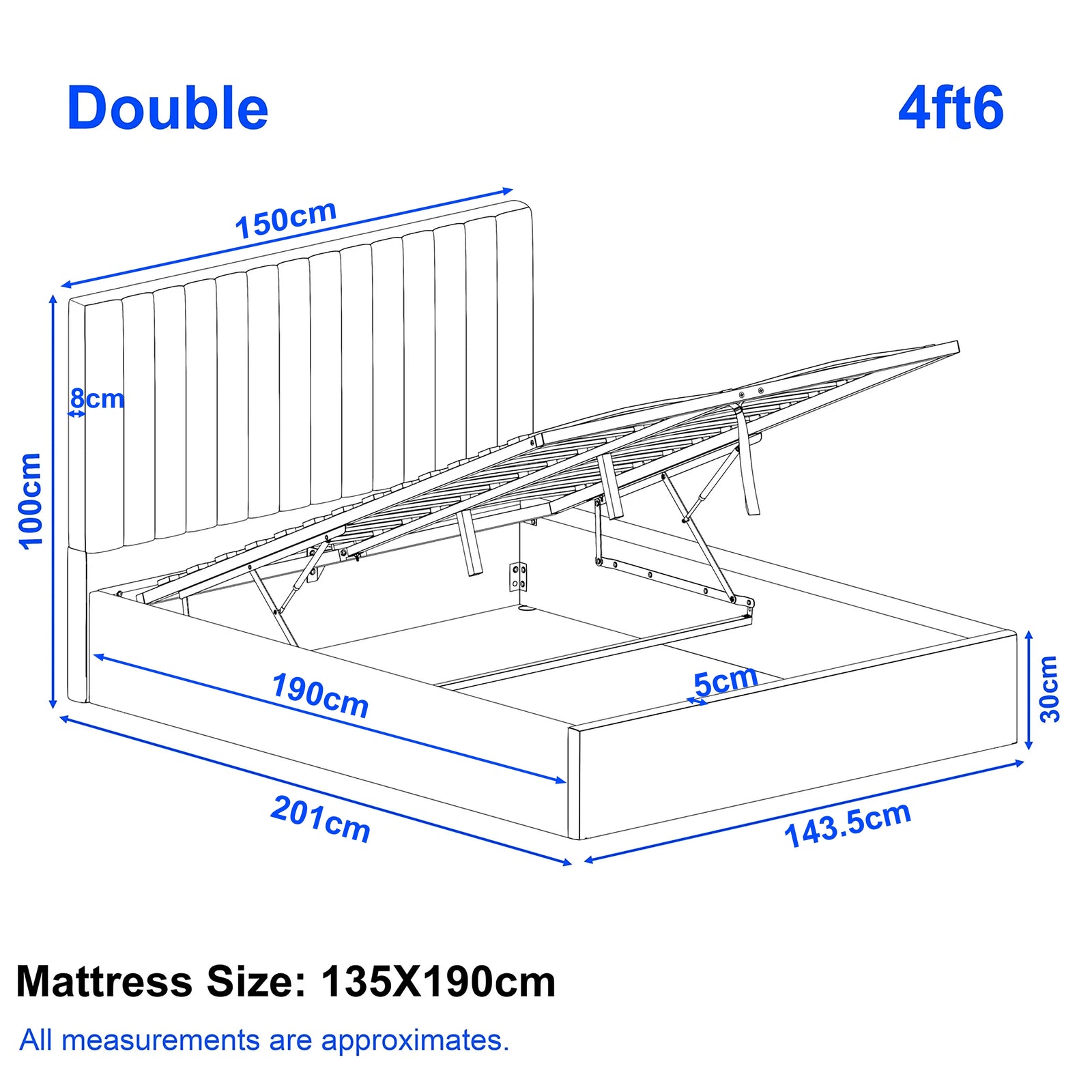 [Beige | Double] Product size guide for ottoman double bed displaying overall frame 201x143.5cm with 30cm height