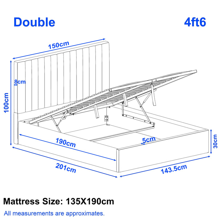 [Beige | Double] Product size guide for ottoman double bed displaying overall frame 201x143.5cm with 30cm height