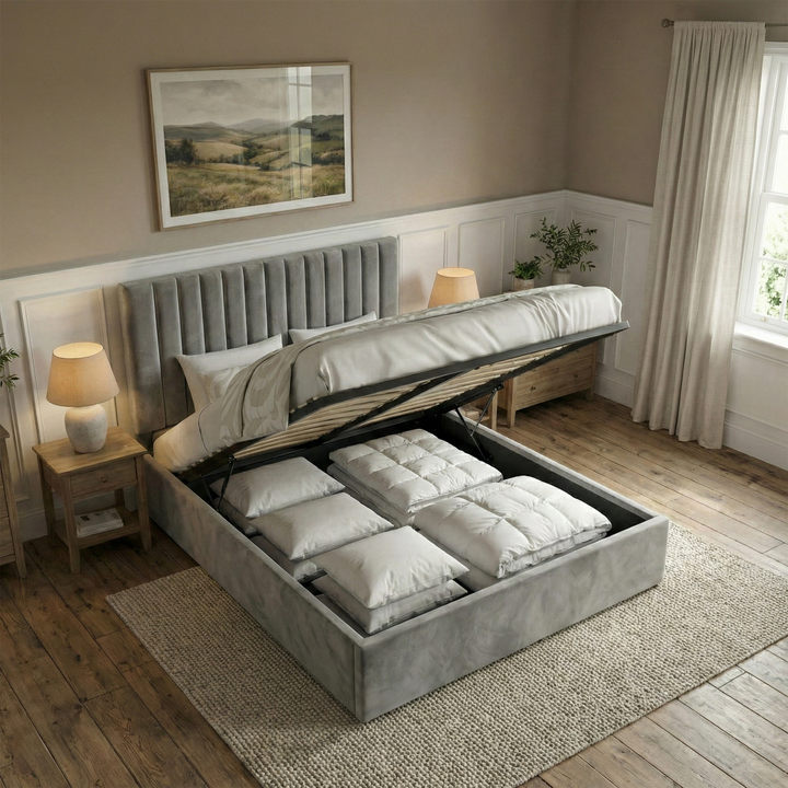 [Grey | Double] vertical ottoman bed open on gas struts revealing white pillows stacked inside the storage cavity