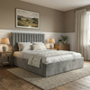 [Grey | Double] Ottoman storage bed with fluted headboard in cottage-style room with wooden bedside tables and table lamps