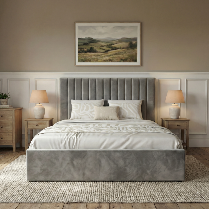 [Grey | Small Double] [Grey | Small Double] Grey velvet ottoman bed front-on, vertical pleat headboard and cream pillows