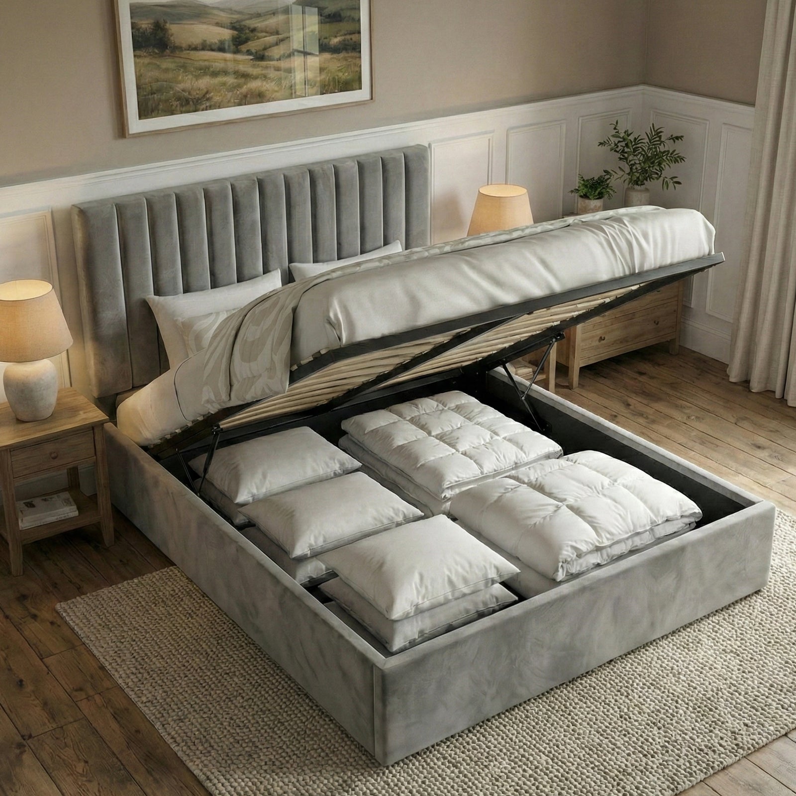 [Grey | Small Double] [Grey | Small Double] Grey velvet ottoman bed gas-lift base raised showing four cushion bundles