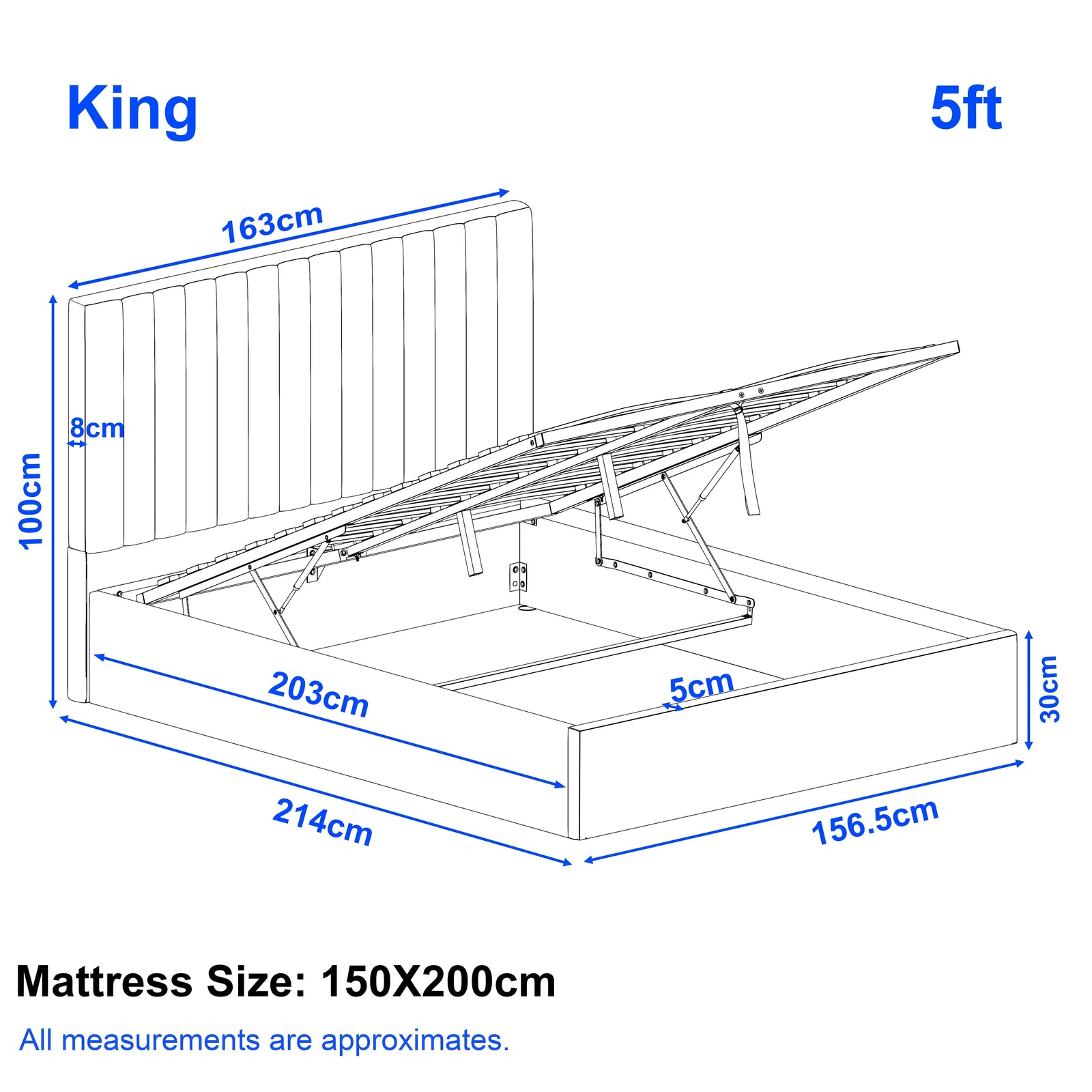 [Grey | King] Annotated King size guide: frame 156.5x214x30cm, headboard 163x100cm vertical ottoman bed