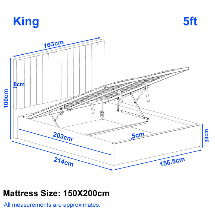 [Light Grey | King] Line drawing of Vertical ottoman bed showing 5ft king at 214 x 156.5 cm with 100 cm headboard