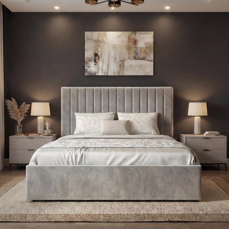 [Light Grey | King] Symmetric bedroom scene: Vertical ottoman bed centred with bedside tables and glowing lampshades
