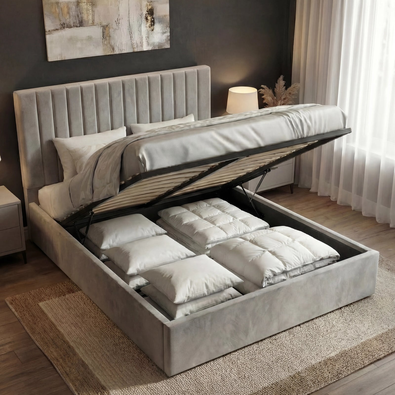 [Light Grey | King] Foot-end lift on Vertical ottoman bed mid-open, full-width storage well exposed with bedding inside
