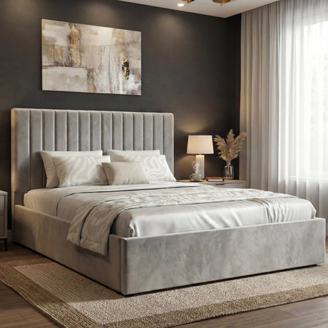 [Light Grey | King] Vertical ottoman bed dressed with bedding, ten-channel headboard against dark wall under abstract canvas