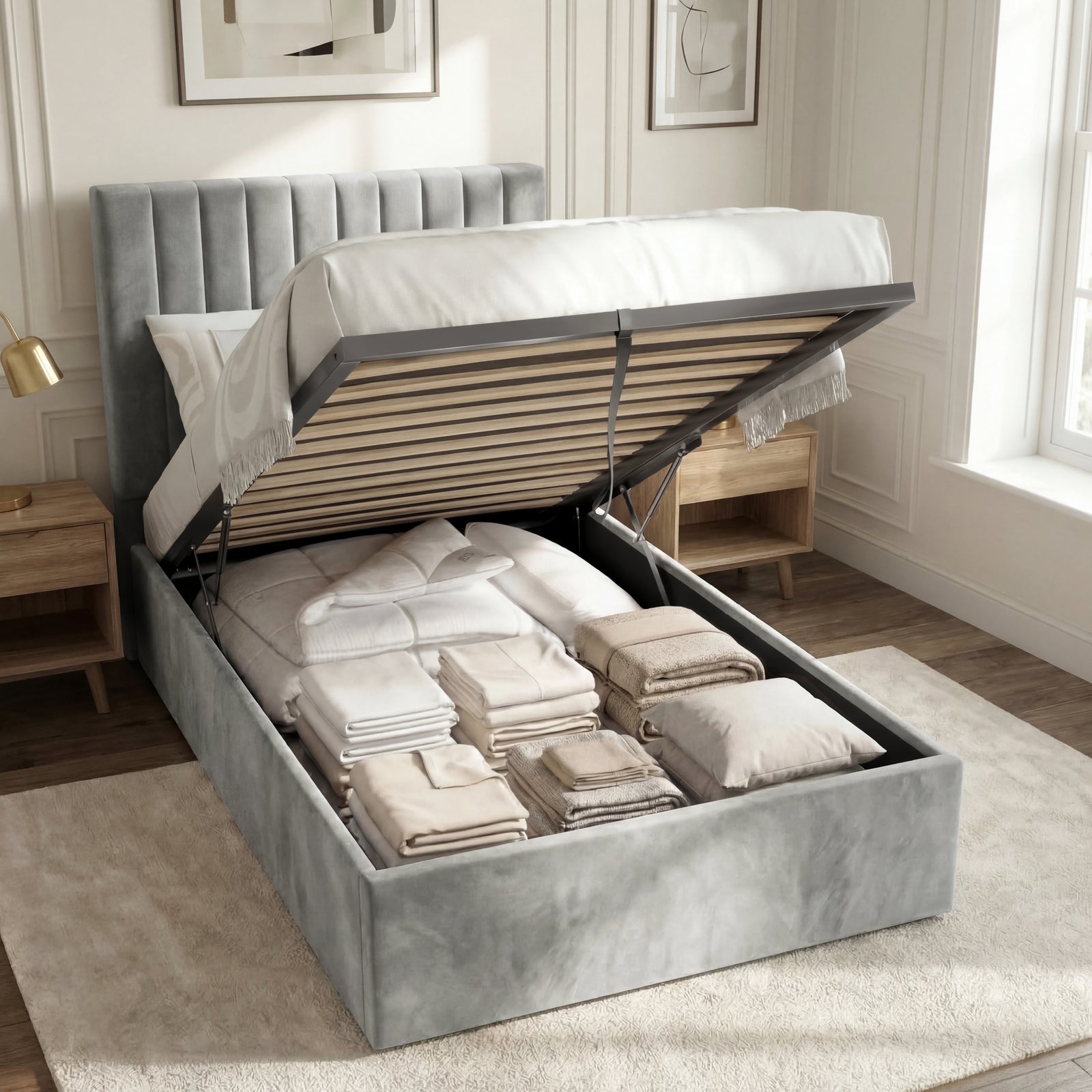 [Light Grey | Single] Vertical channel ottoman bed lifted to expose wooden slats and three folded white linen rows