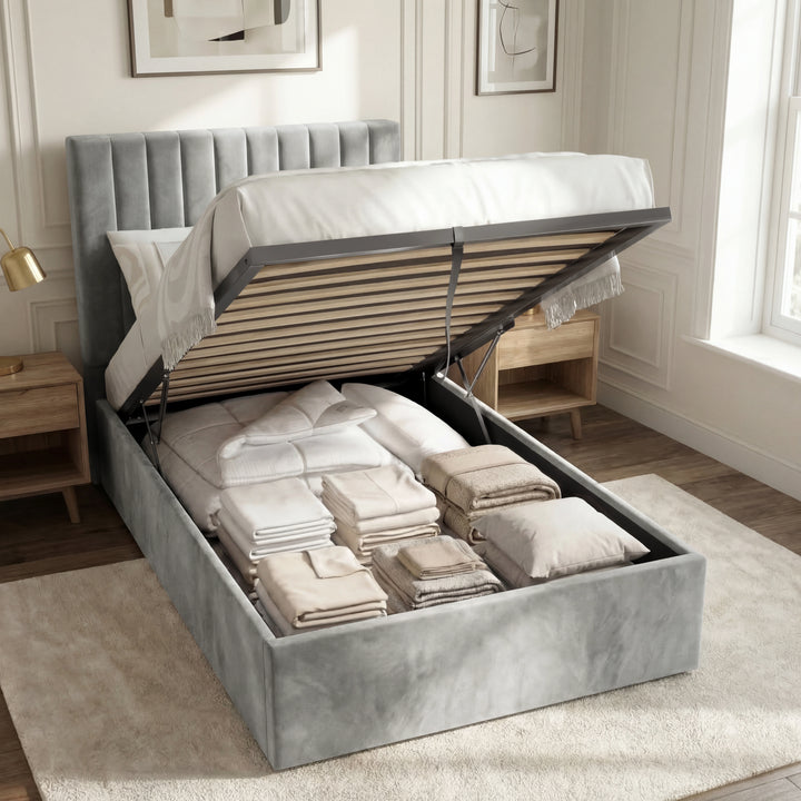 [Light Grey | Single] Vertical channel ottoman bed lifted to expose wooden slats and three folded white linen rows