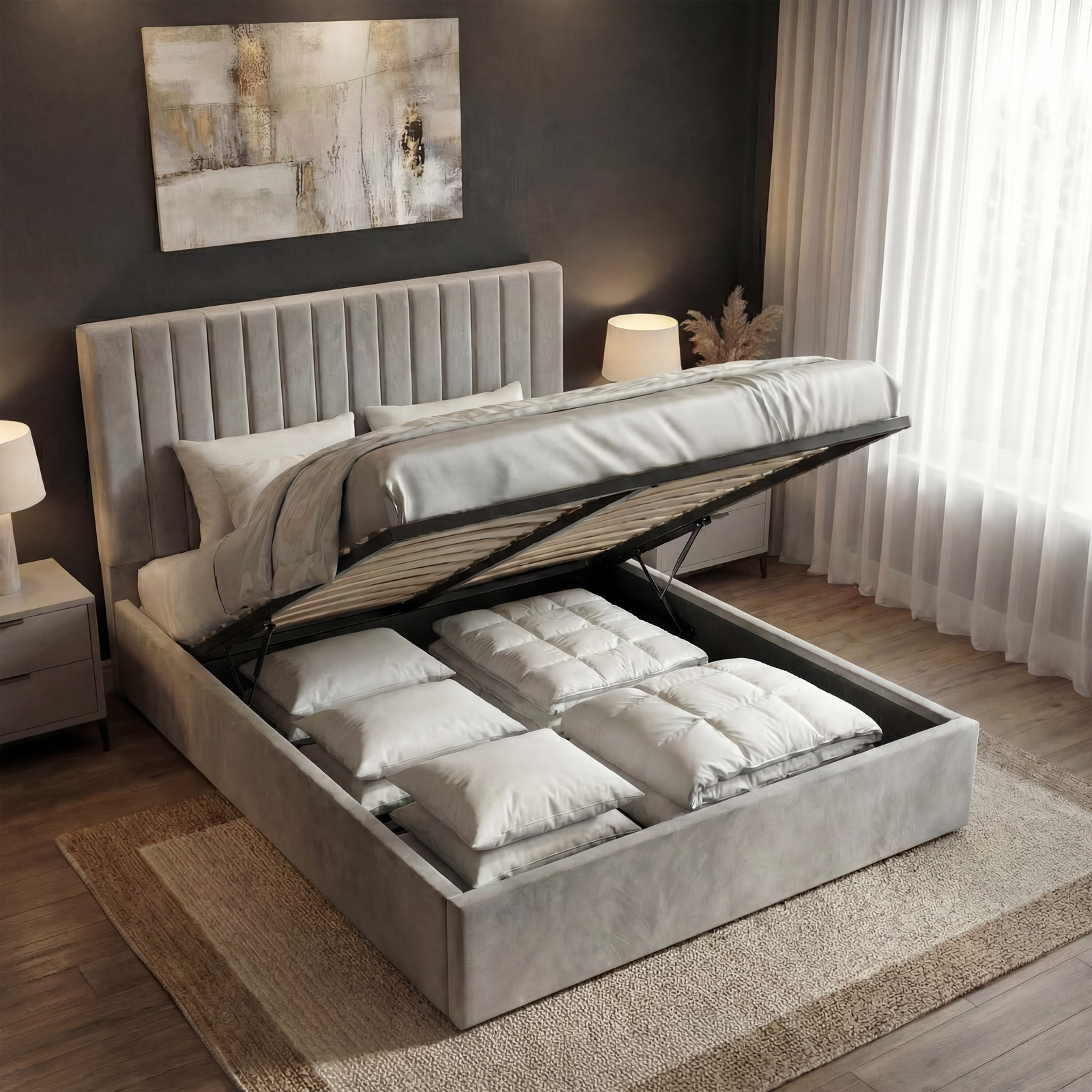 [Light Grey | Small Double] Velvet ottoman bed with base lifted on gas struts revealing folded cushions inside