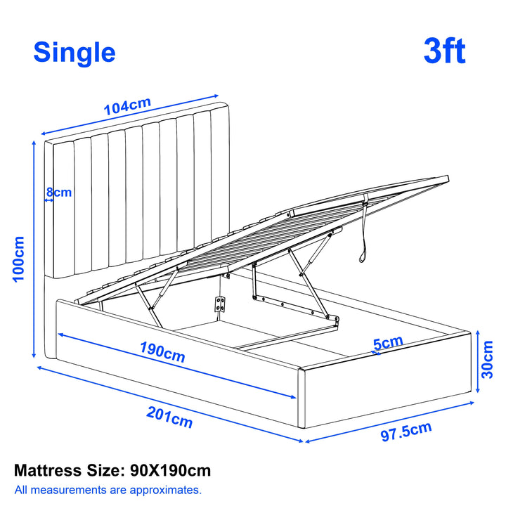 [Grey | Single] Dimension diagram for 3ft vertical bed frame showing 97.5cm width, 201cm length and 100cm headboard height