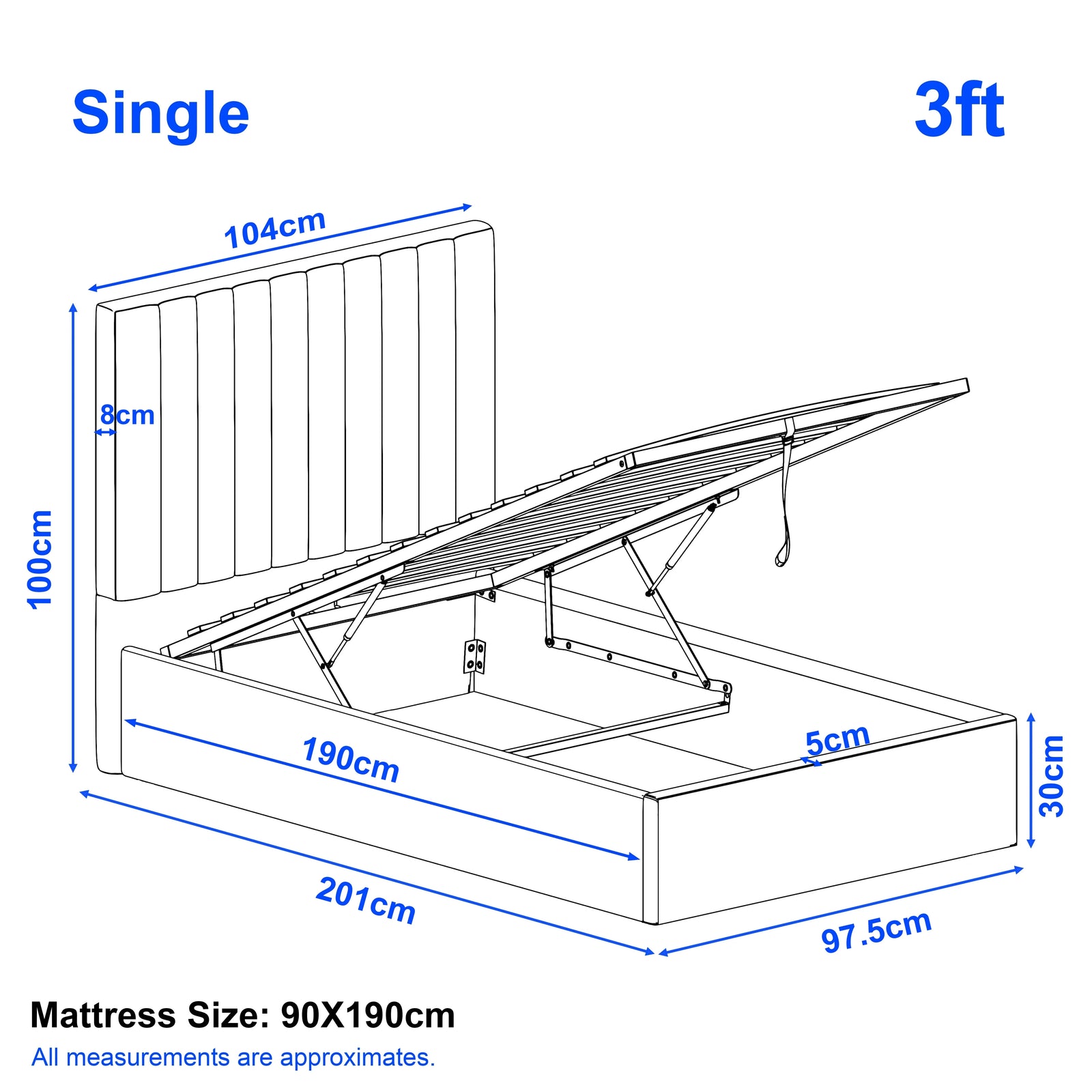 [Light Grey | Single] size guide for ottoman bed frame displaying overall frame 97.5x201x30cm and 100cm headboard height