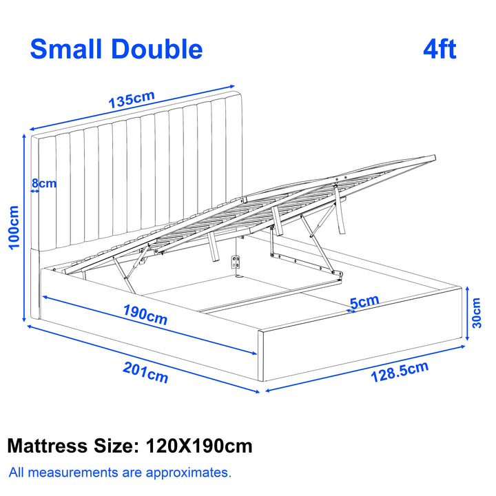 [Grey | Small Double] size guide for ottoman bed frame displaying overall frame 128.5x201x30cm and 100cm headboard height