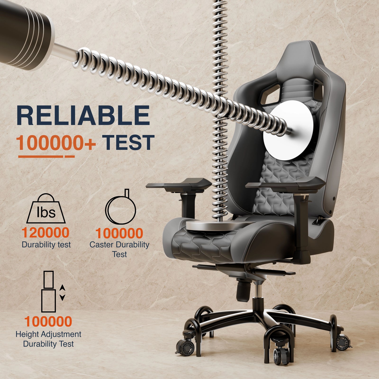 [Black + Grey] Ergonomic chair with durability testing elements on a beige background
