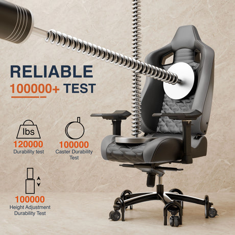 Ergonomic chair with durability testing elements on a beige background