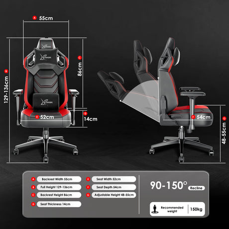 Xstriker Gaming Chair with ergonomic racing design, 4D armrests, 90-150° recline, and adjustable height for optimal comfort and support.