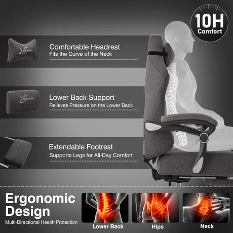 A grey office chair in a modern office setting with a desk and lamp.