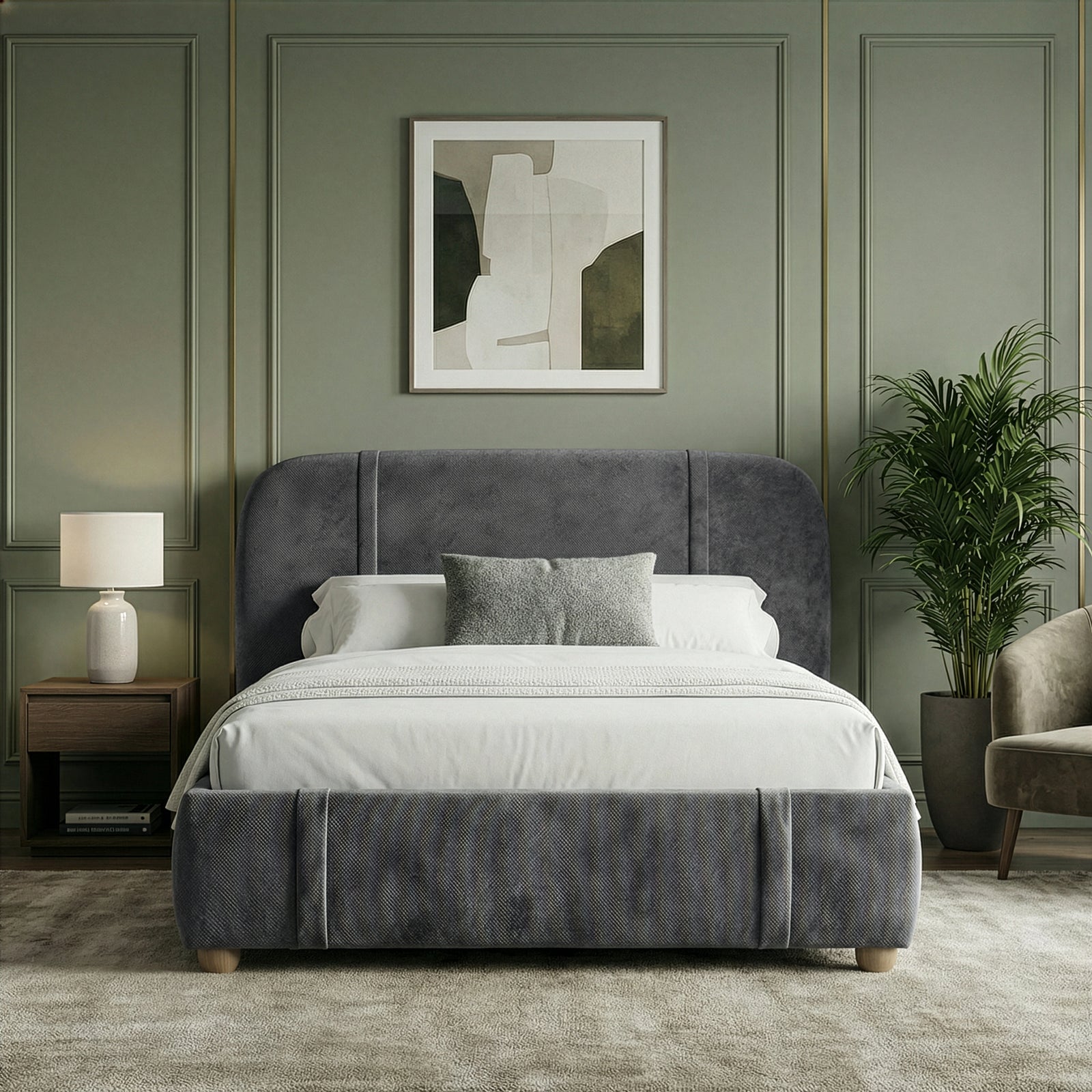 [King | Dark Grey] upholstered fabric bed frame from the front with walnut nightstand and potted palm beside shag rug