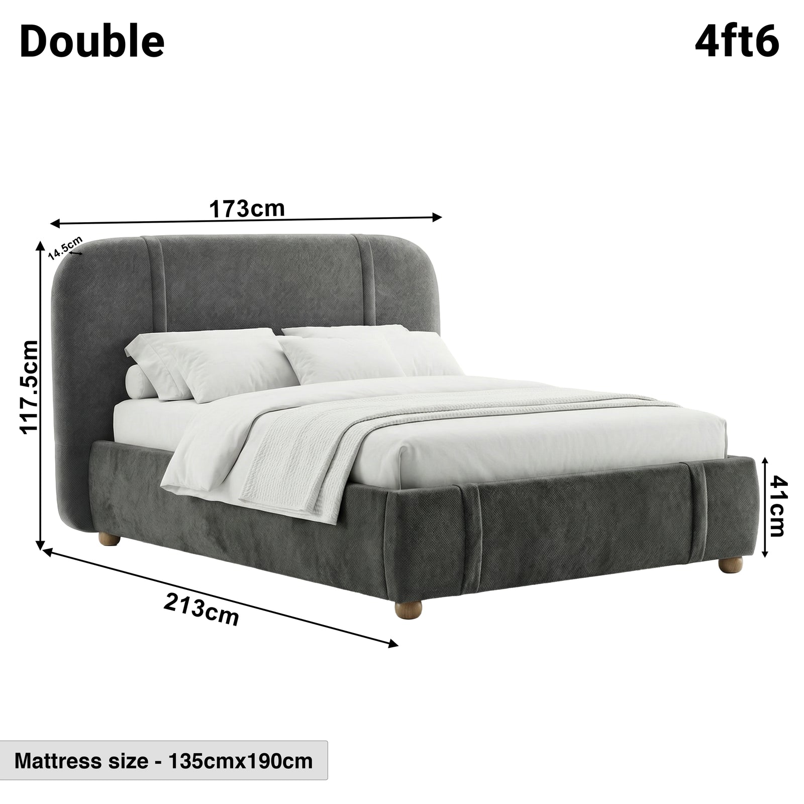 [Double | Dark Grey] Dimensions diagram showing 173cm width and 213cm length with 117.5cm headboard height