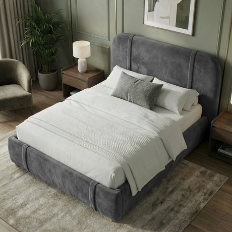 [Double | Dark Grey] Overhead angled view of fabric bed showing textured upholstery with grey cushion in sage room