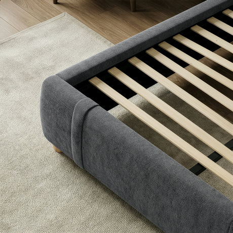 [Double | Dark Grey] Wooden slat mattress support inside upholstered bed frame with black metal rails