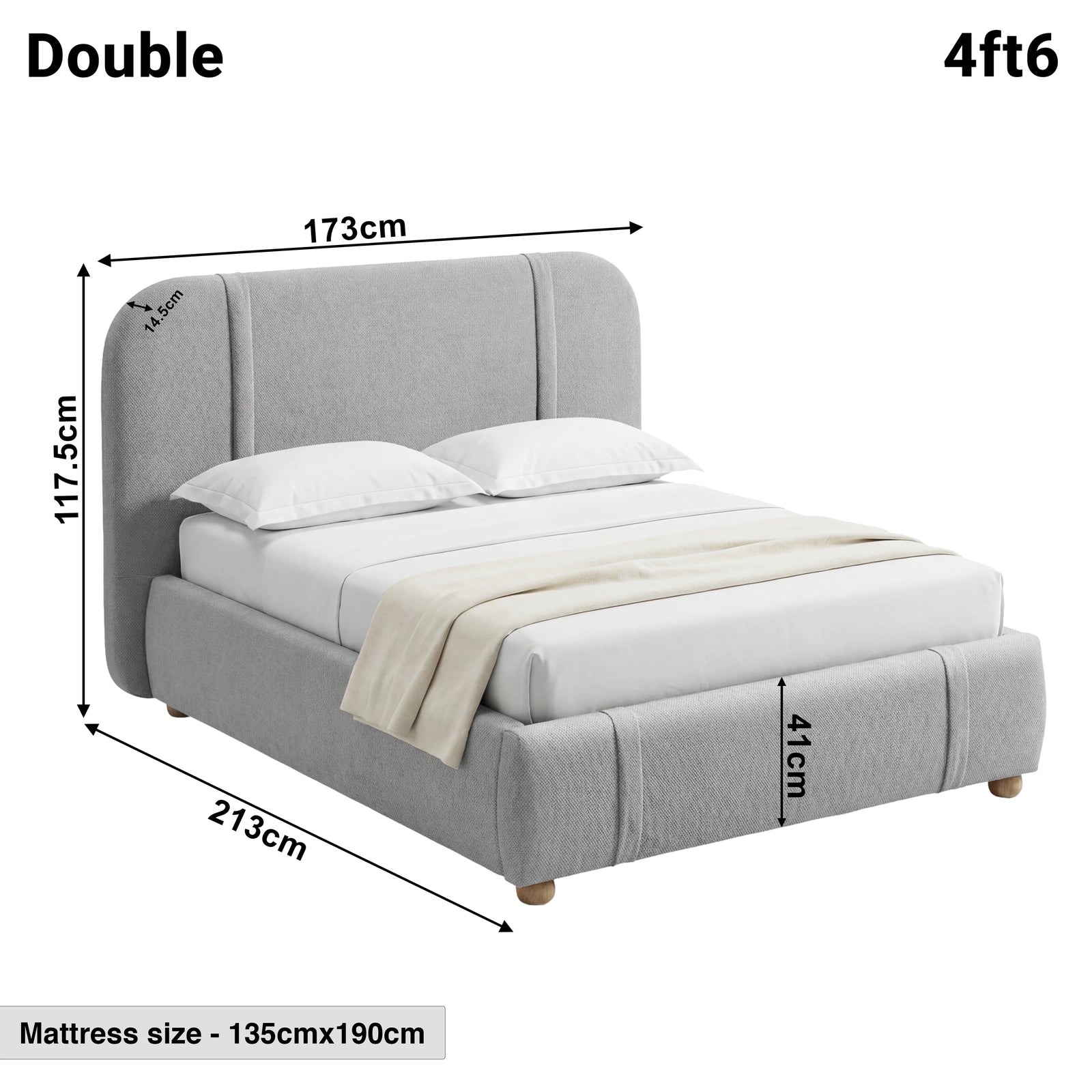 [Double | Grey] Dimensions diagram showing 173cm width and 213cm length with 117.5cm headboard height