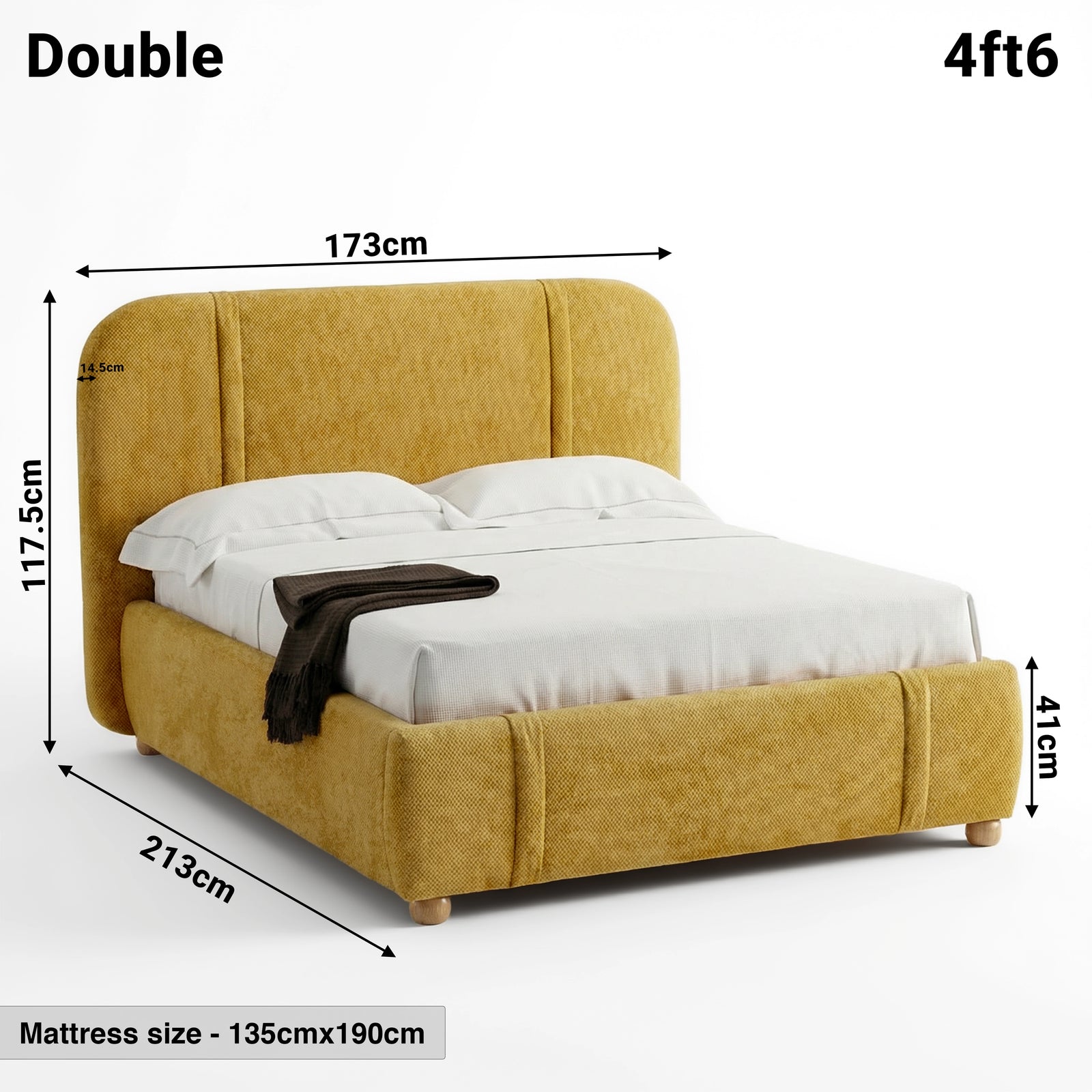 [Double | Yellow] Dimensions diagram showing 173cm width and 213cm length with 117.5cm headboard height