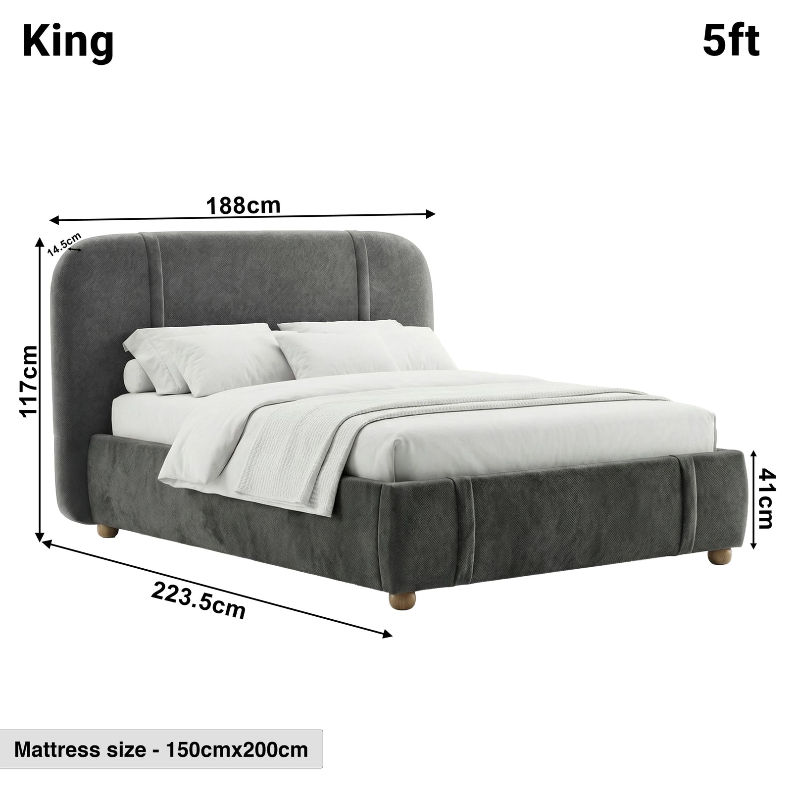 [Dark Grey | King] Vynarae fabric bed frame 5ft dimensions diagram showing 188cm width 223.5cm length 117cm headboard
