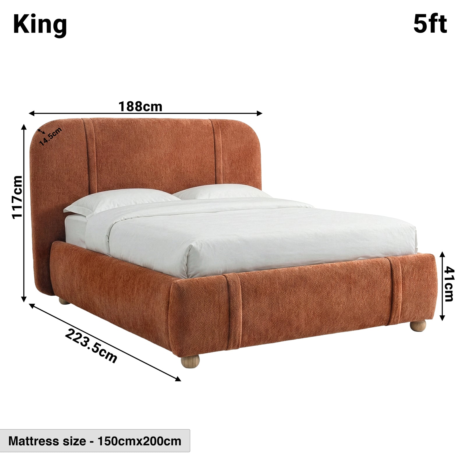 [King | Orange] Dimensions diagram showing 188cm width and 223.5cm length with 117cm headboard height
