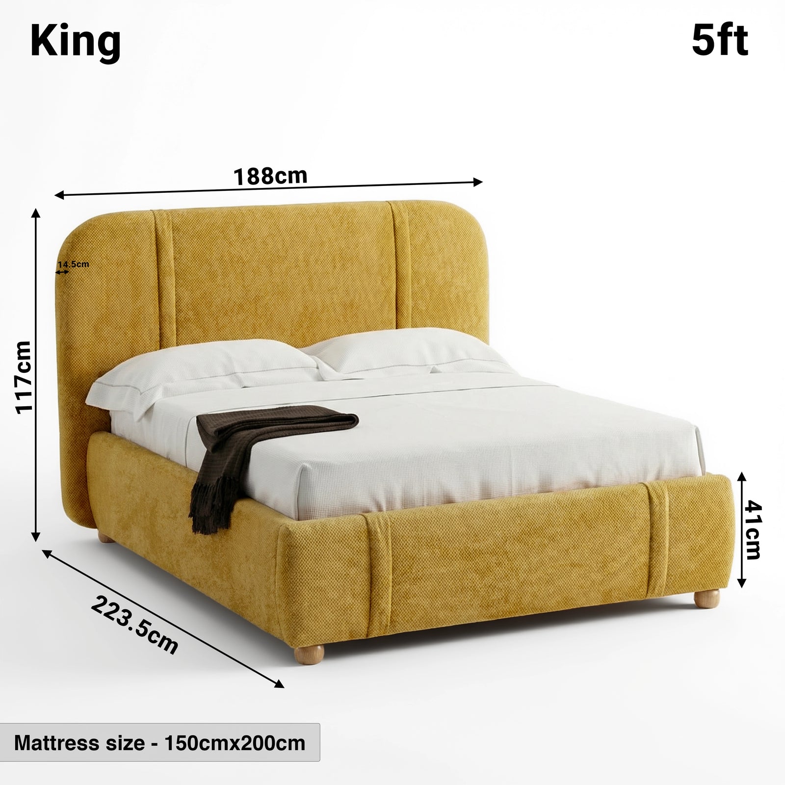 [King | Yellow] Dimensions diagram showing 188cm width and 223.5cm length with 117cm headboard height