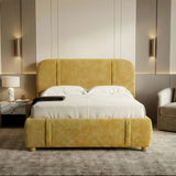 [King | Yellow] Fabric bed from the front with black throw accent on white bedding and grey shag rug below