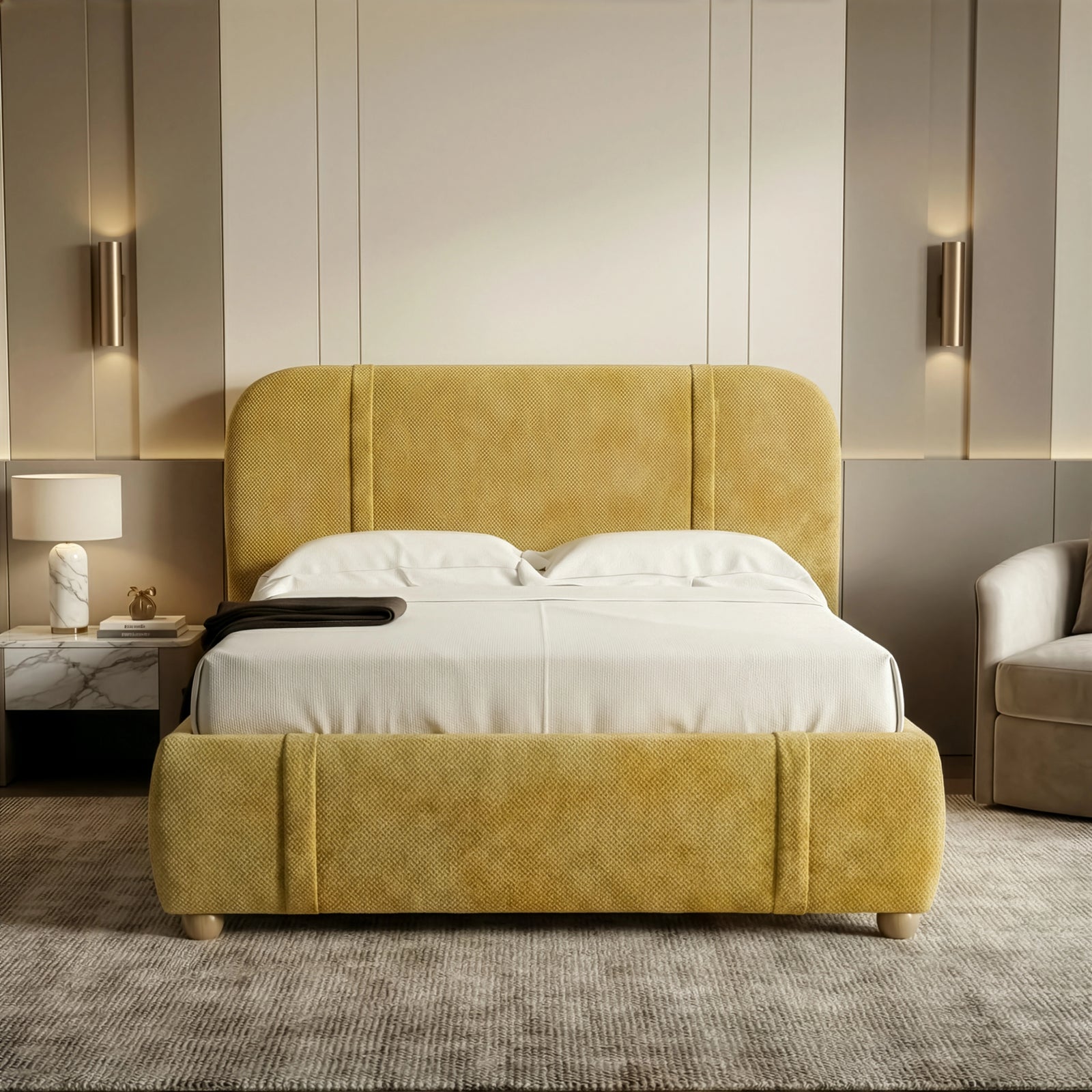 [King | Yellow] Fabric bed from the front with black throw accent on white bedding and grey shag rug below
