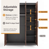 [Walnut] Adjustable shelf diagram showing open wardrobe, movable shelves, fixed lower shelf, and height markers