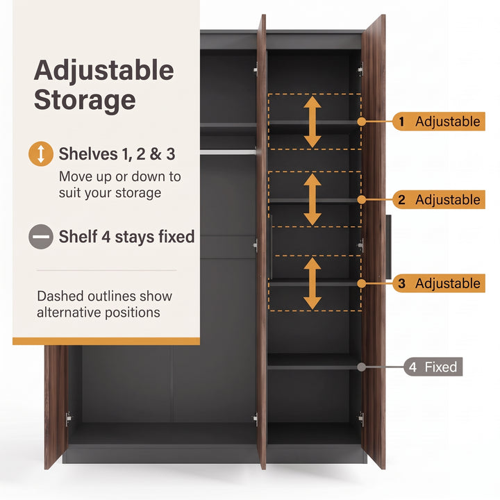 [Walnut] Adjustable shelf diagram showing open wardrobe, movable shelves, fixed lower shelf, and height markers