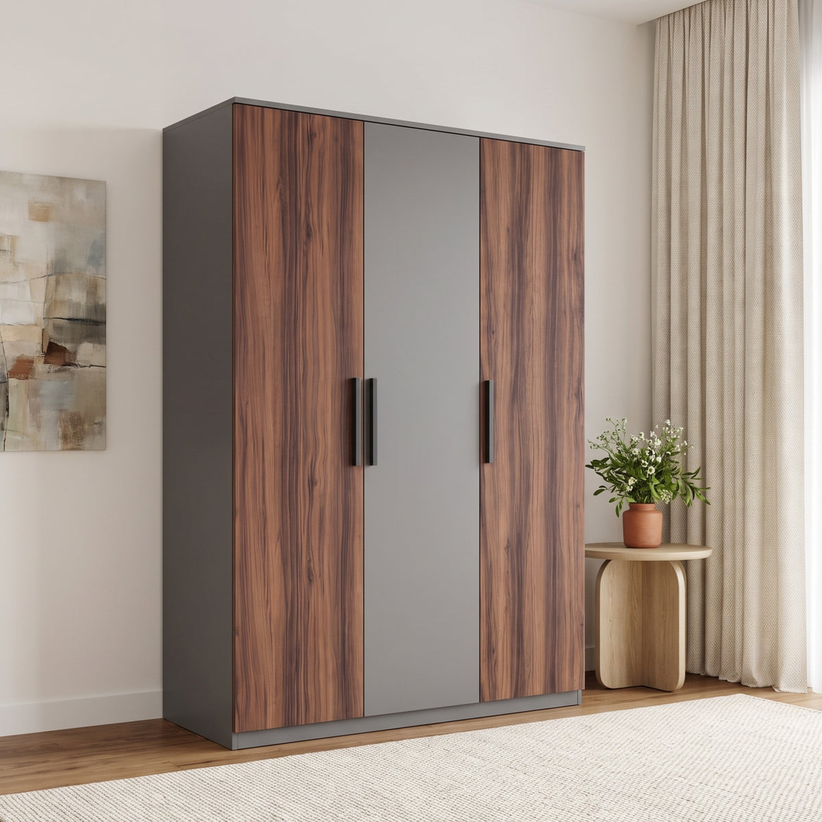 [Walnut] Angled room view of a closed three door wardrobe with grey centre panels, black handles, and side table