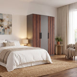 [Walnut] Bedroom lifestyle view with closed wardrobe beside a bed, warm lamp light, curtain, and side table